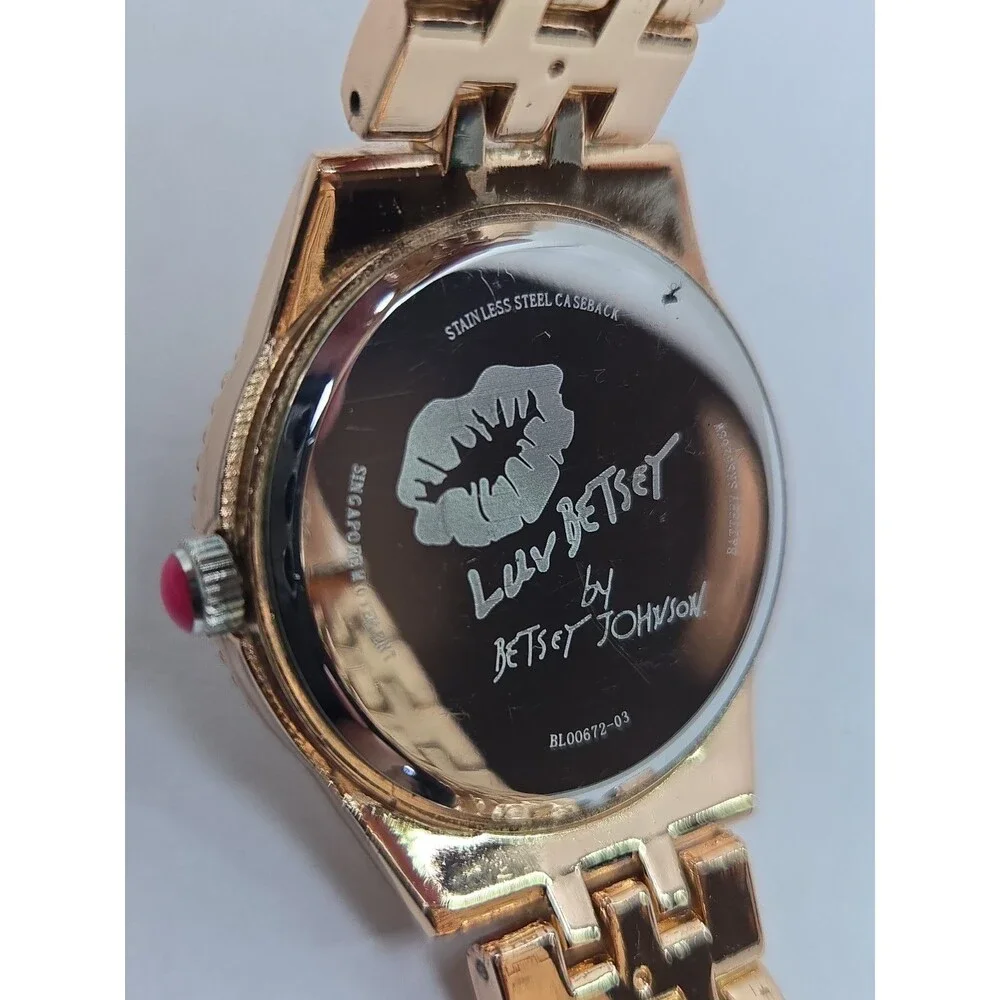 Womens Luv Betsey Johnson Pink Glitter Confetti Rose Gold 36mm Watch New Battery